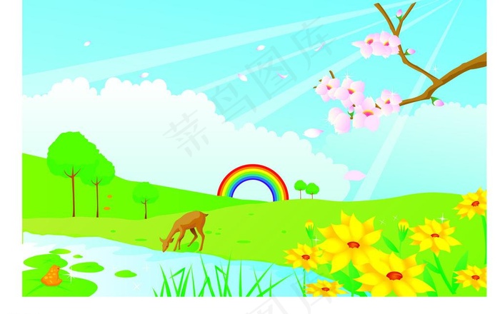 春天风景插画图片ai矢量模版下载