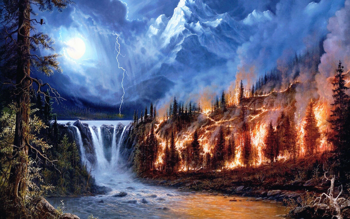 欧式现代风景森林瀑布冰山阳光背景墙
