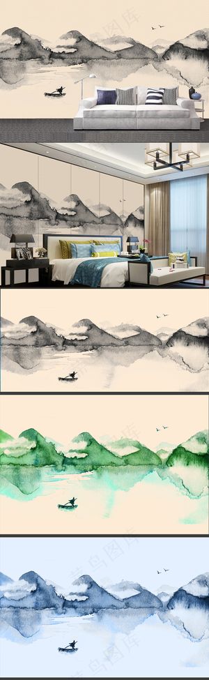 新中式简约抽象水墨山水背景墙卧室装...