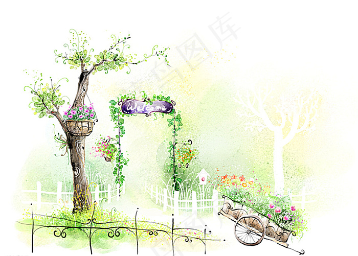 手绘水彩梦幻公园风景插画图片