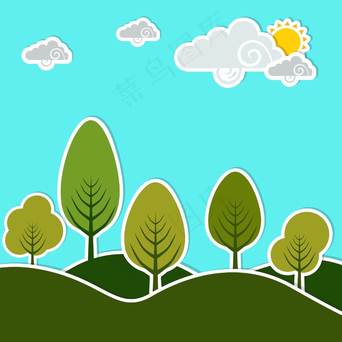 摘要自然背景与绿色的树和云