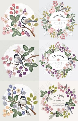 森林花卉树叶小鸟EPS背景素材