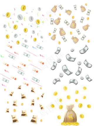 可商用金钱金融理财钱袋金币漂浮,免抠元素