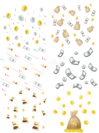 可商用金钱金融理财钱袋金币漂浮,免抠元素