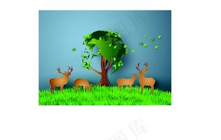 绿色草坪上的鹿折纸图片
