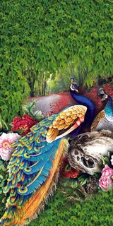 3D孔雀绿色森林玄关背景墙