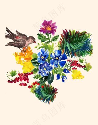 手绘植物花卉鸟飞禽无框画素材水彩
