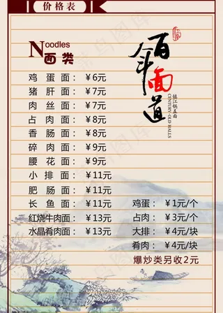 风味面馆价格表PSD素材