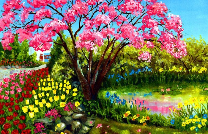 无框画 装饰画 油画 池塘边的花草...