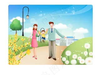 在草地散步的一家人