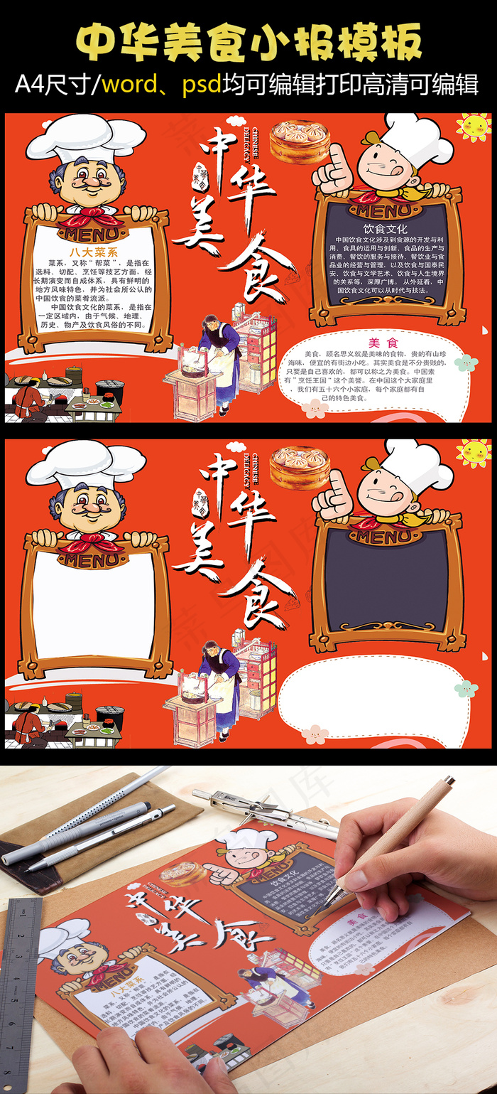 卡通中华美食电子手抄报psd模版下载