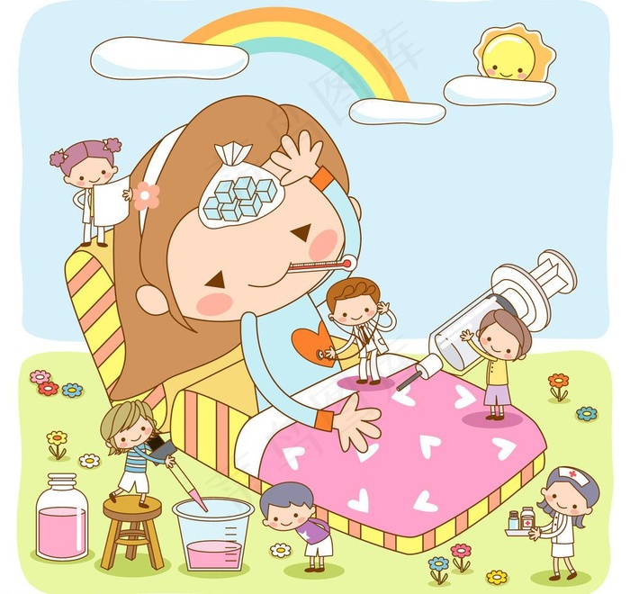 医生照顾感冒的小女孩图片