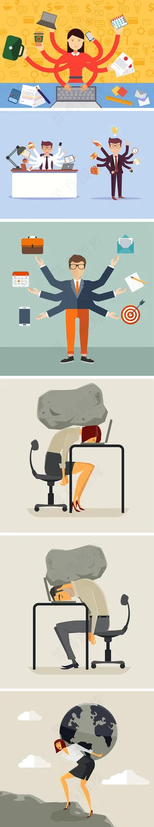 商务繁忙工作压力扁平矢量集合