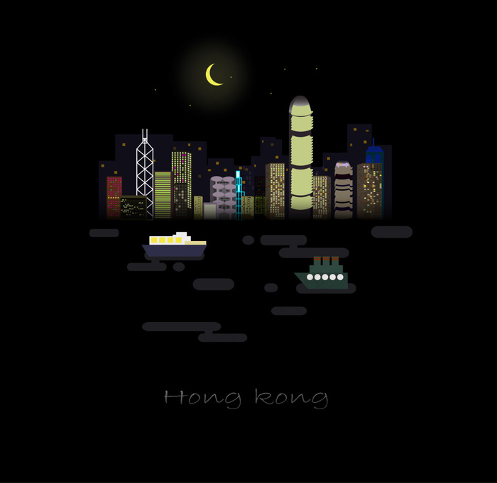 香港夜景扁平风景矢量插画ai矢量模版下载