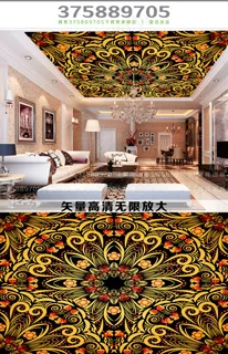 金色民族风花纹酒店大堂天顶壁画 金色民族风花纹酒店大堂天顶壁画