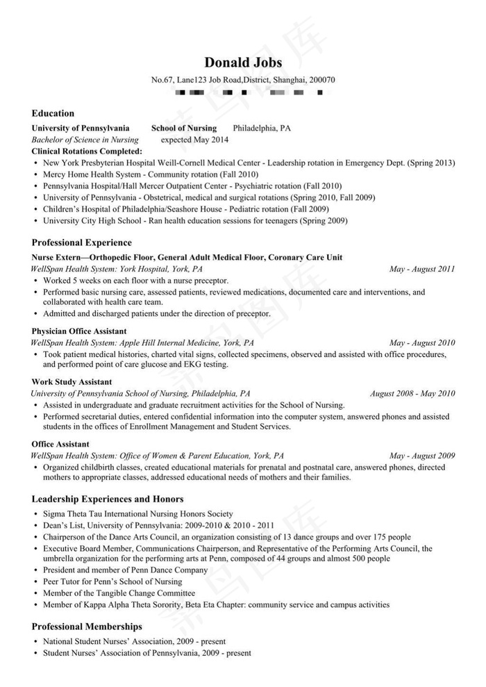 护士岗位求职英文简历模板（突出护理...