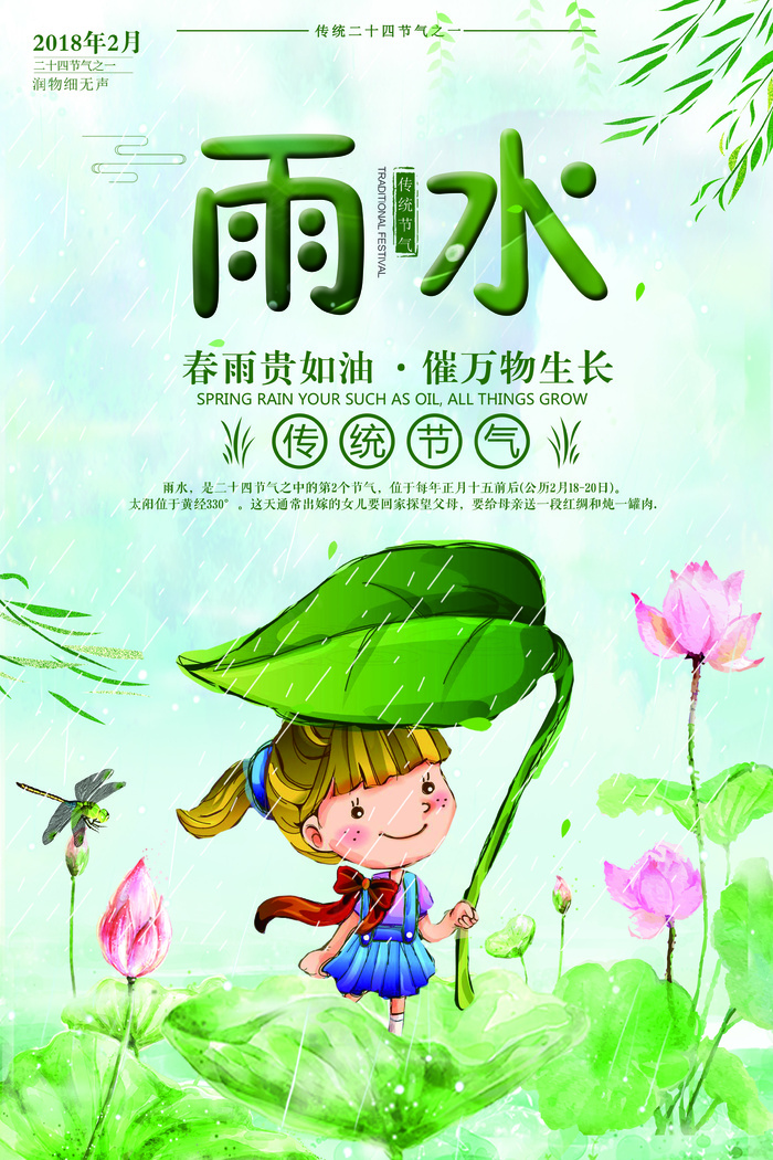 创意手绘二十四节气之雨水海报(3543X5316(DPI:150))psd模版下载