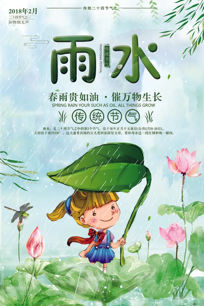 创意手绘二十四节气之雨水海报(3543X5316(DPI:150))psd模版下载
