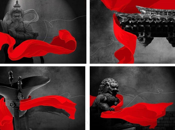 古代酒樽石狮子屋檐与鲜艳红绸带