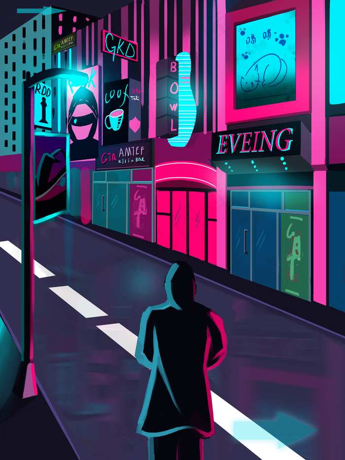 赛博朋克风街区酒吧插画(3542X4724(DPI:150))psd模版下载