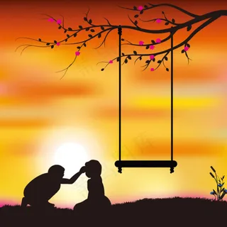 夕阳下的情侣剪影矢量素材