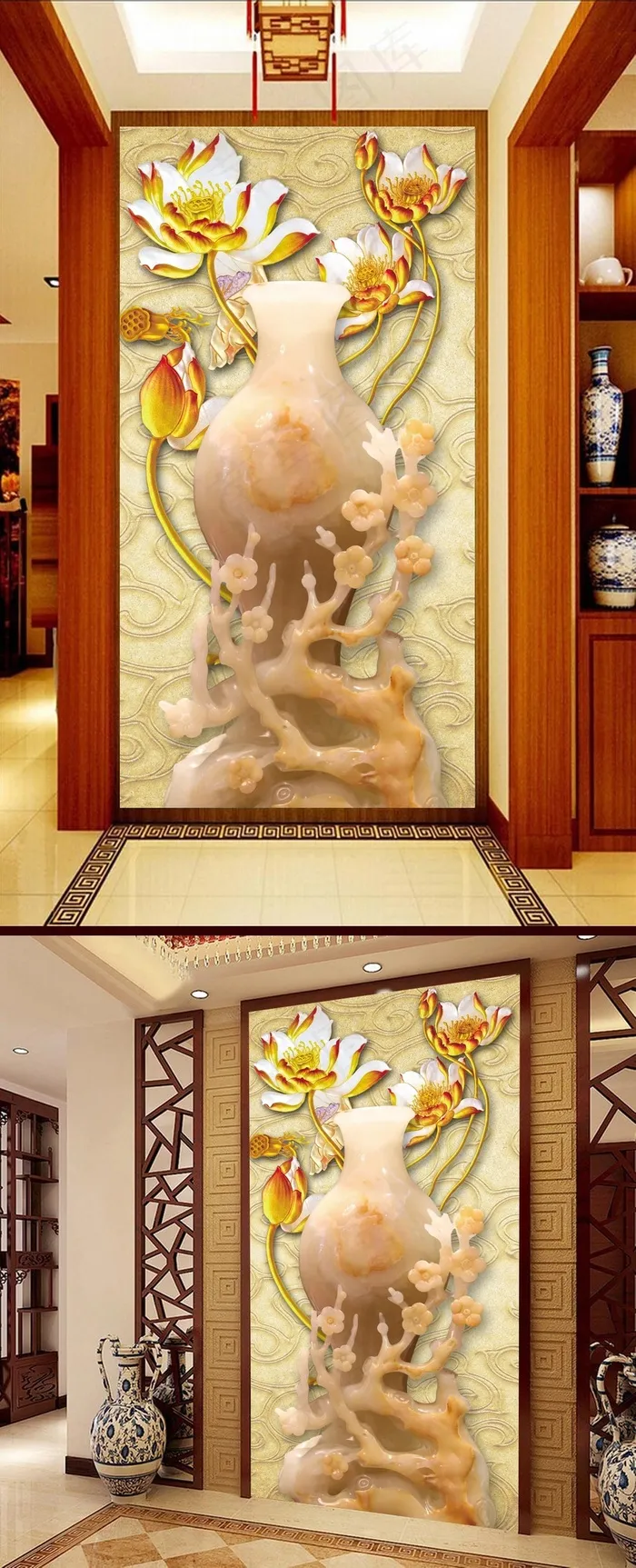 玉雕花瓶彩雕荷花古典玄关背景墙(3402X6803(DPI:72))psd模版下载