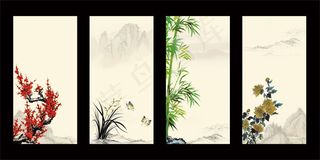 中国风梅兰竹菊展板背景PSD素材下载