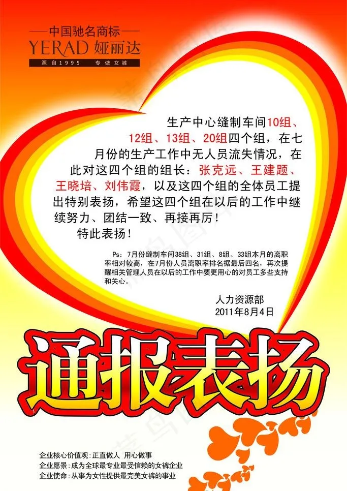 2011年7月娅丽达通报表扬海报cdr矢量模版下载