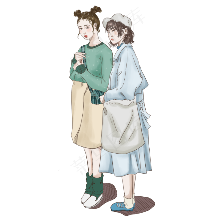 手绘卡通时尚女孩逛街原创元素