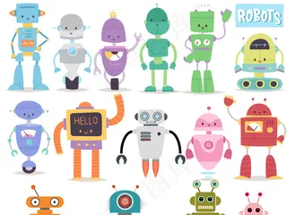 扁平化可爱创意卡通机器人插画矢量图...