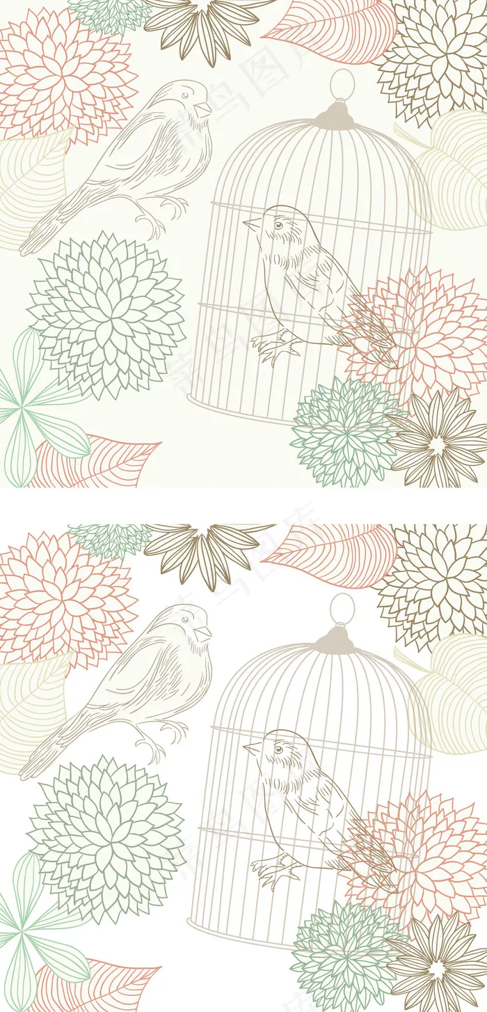 清新简约工笔画花鸟矢量设计元素ai矢量模版下载