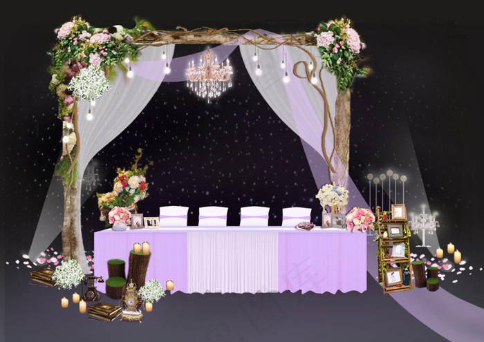 紫色户外婚礼签到区 森系