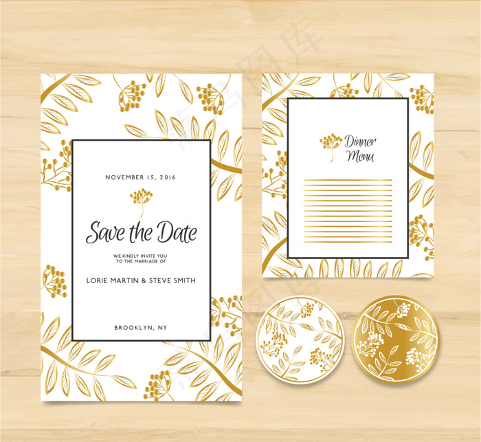 婚礼卡片与金色的花卉主题元素
