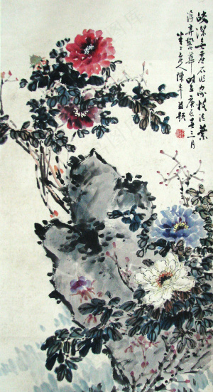 石上红花图