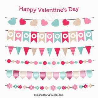 情人节，可爱的彩旗和花环