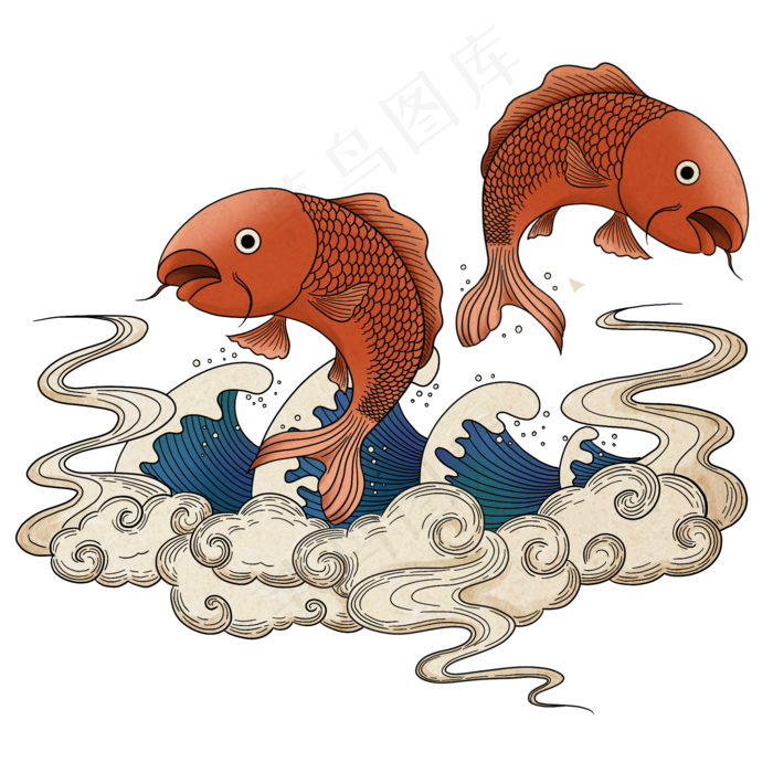 日本浮世绘风格锦鲤,免抠元素