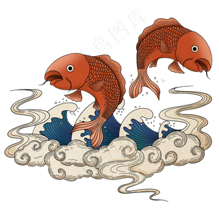 日本浮世绘风格锦鲤,免抠元素