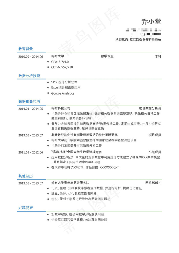 互联网数据分析员简历模板（有数据分...