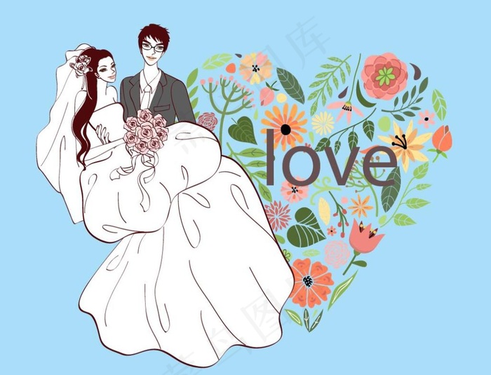 浪漫蓝色花朵心形背景婚礼矢量图