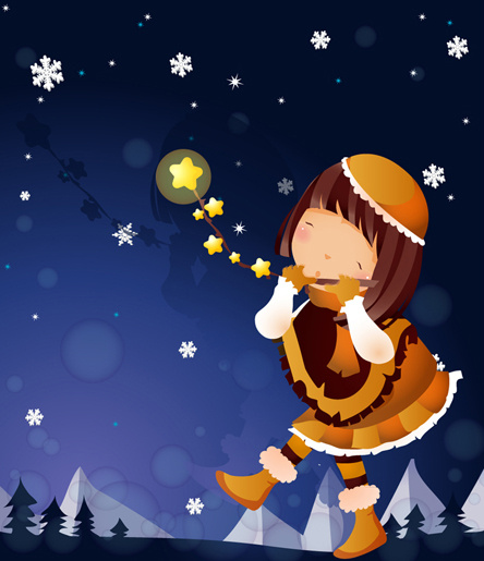 动漫女孩矢量素材下雪的夜晚