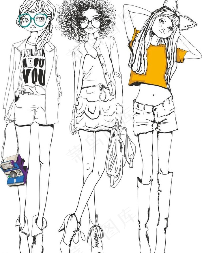 手绘少女图片ai矢量模版下载