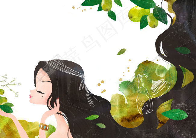 绿叶和黑色长发美女(4961X3508(DPI:300))psd模版下载