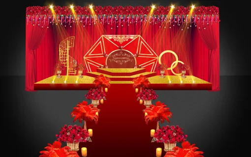 主题婚礼红金婚礼豪华婚礼舞台羽毛鲜花路引