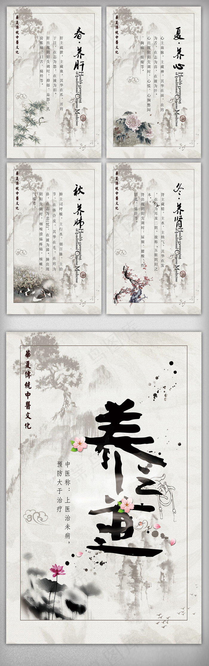 中国水墨风中医四季养生宣传挂画