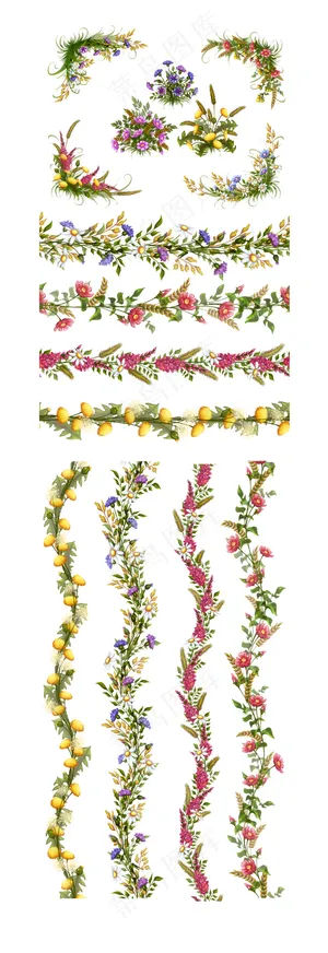 卡通花朵边框设计元素自然写实花卉叶...