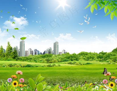 清新绿色城市近郊风光PSD素