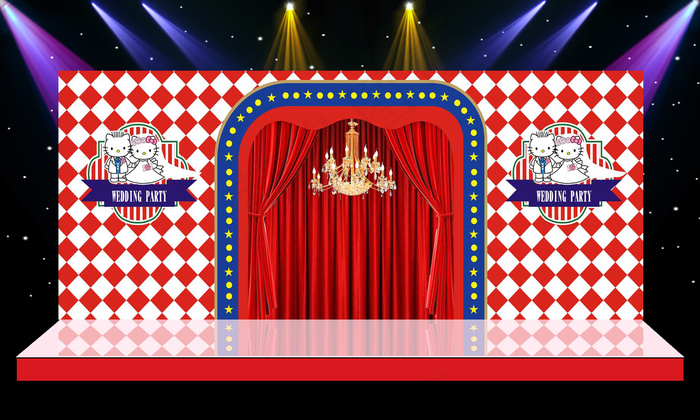 红色kt猫纱幔造型格子主题婚礼舞台...
