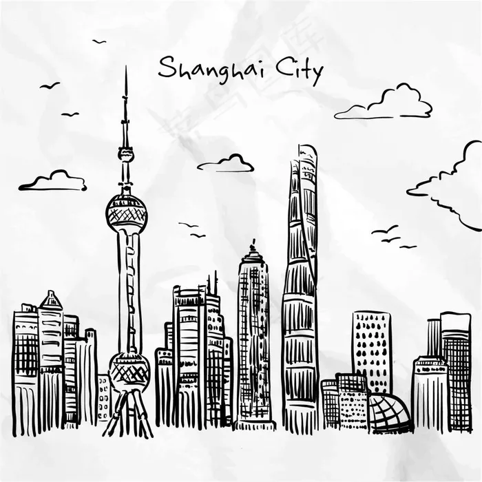 上海手绘城市剪影ai矢量模版下载