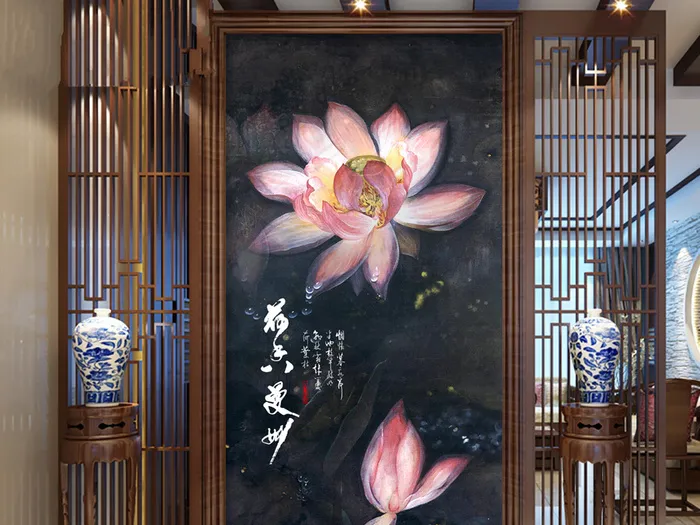 手绘荷花油画玄关背景墙(3402X6803(DPI:72))psd模版下载