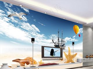 蓝天白云热气球海景电视背景墙